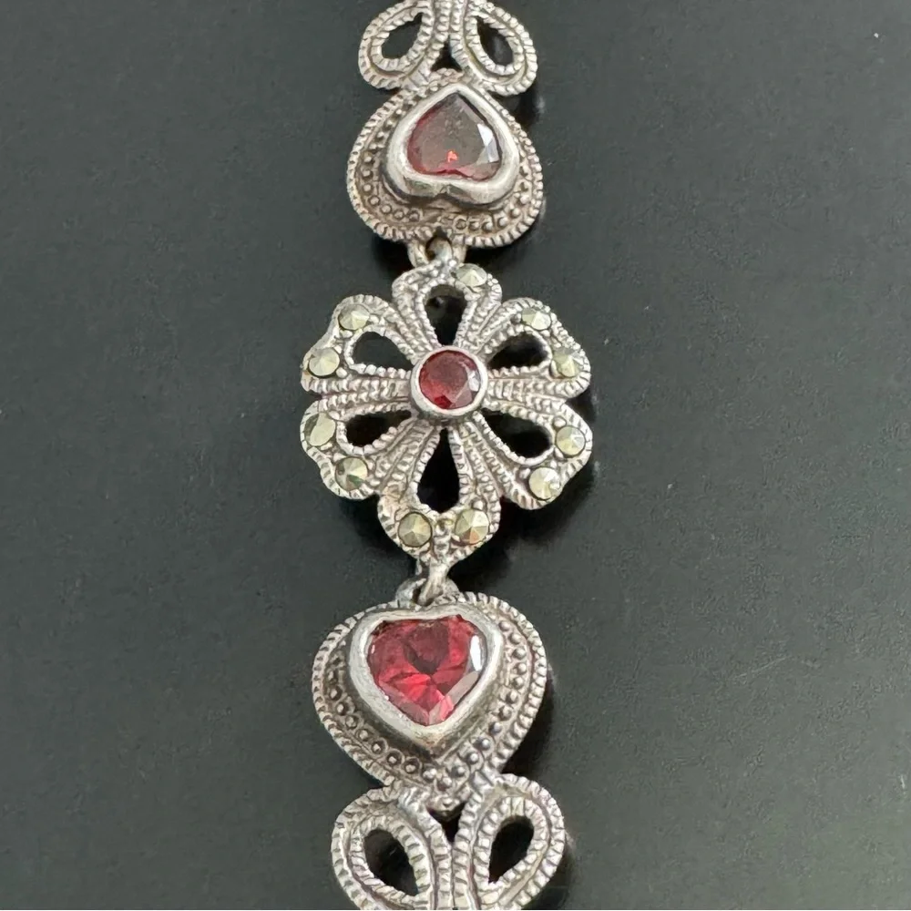 Vintage Sterling Silver Garnet and Marcasite Heart and Flowers Bracelet